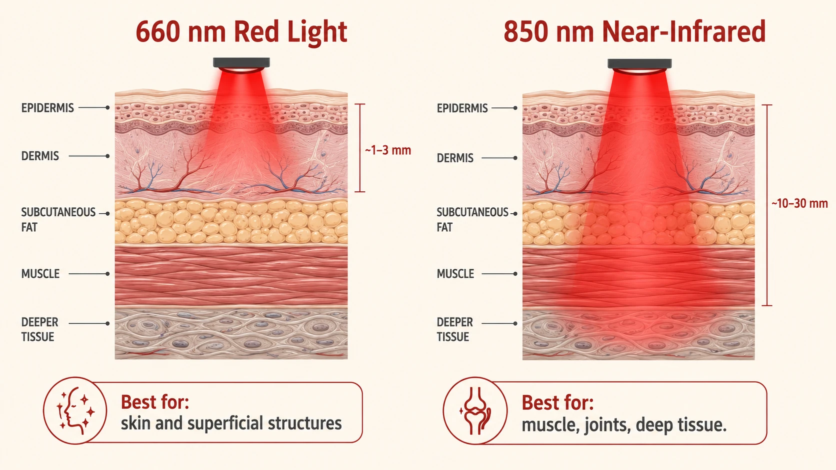 Wavelength penetration depth comparison β 660 nm red light reaches 1β3 mm into skin, 850 nm near-infrared penetrates 10β30 mm into muscle tissue